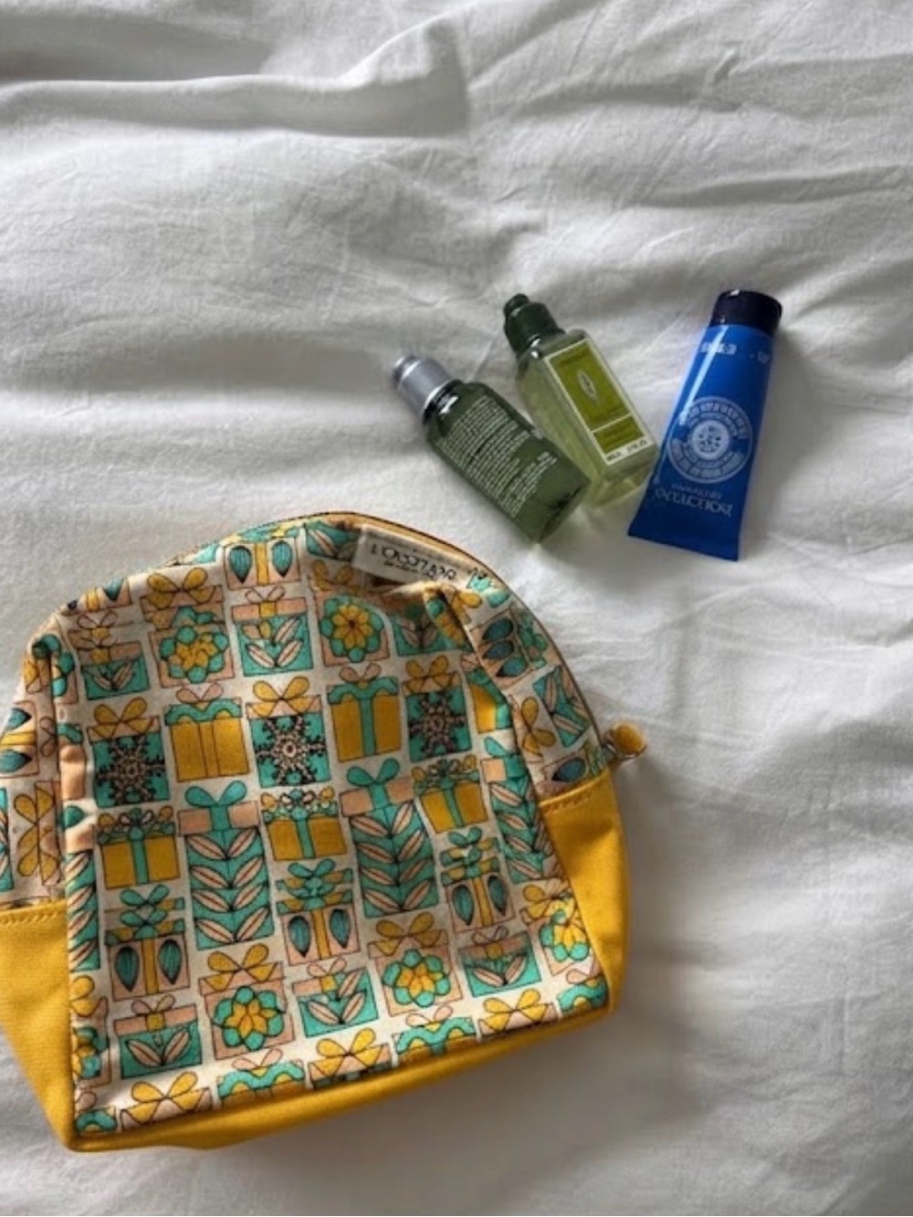 L'Occitane Yellow Floral Cosmetic Pouch with Hand Creams